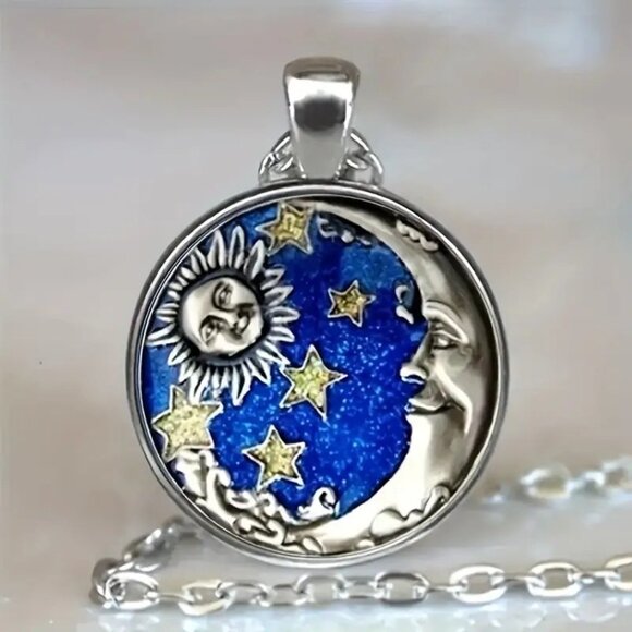 Independent Jewelry - Silver CELESTIAL Sun Moon Glass Cabochon Pendant Necklace
